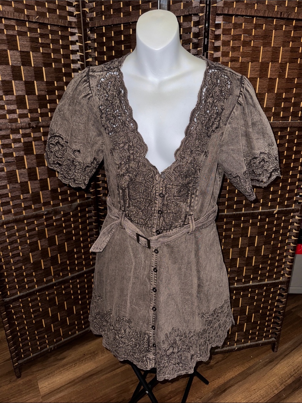 Free People Brown Taupe Embroidered Button Front Tunic Dress medium